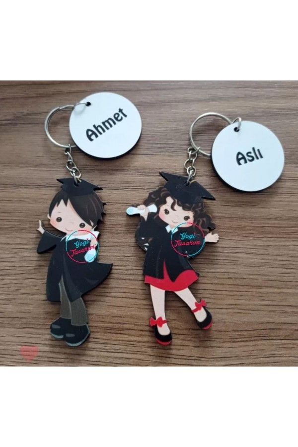 Kepli Kız Erkek Çocuk Ahşap Mezuniyet Anahtarlık