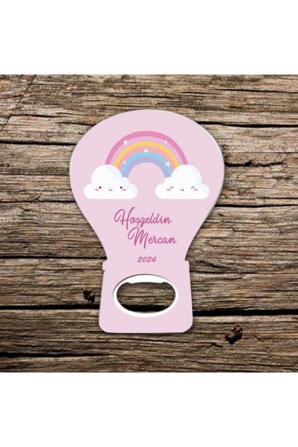İsme Özel Hoş Geldin Kız Bebek Gökkuşağı Temalı Balon Açacak Magnet