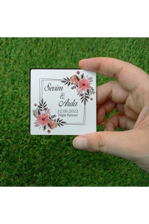 Düğün Hatırası Pudra Çiçekli Ahşap Magnet