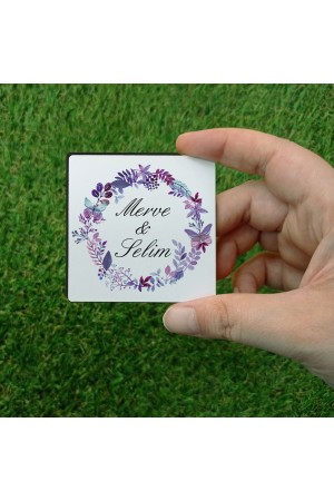 Mor Çiçekli Kare Ahşap Magnet