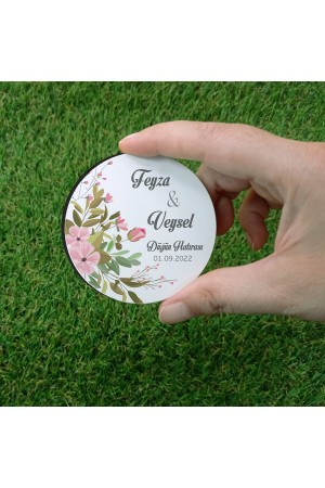 Pembe Çiçekli Düğün Hatırası Ahşap Magnet