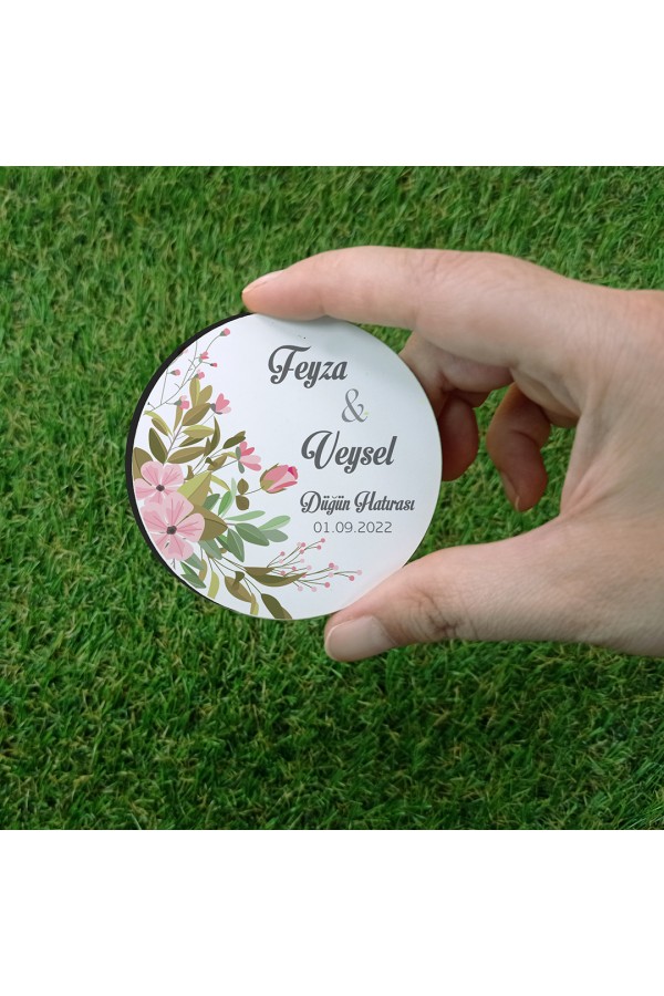 Pembe Çiçekli Düğün Hatırası Ahşap Magnet