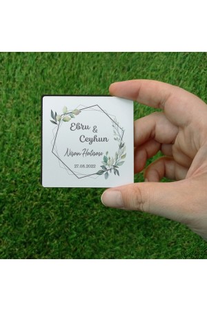 Yeşil Yapraklı Nişan Hatırası Kare Ahşap Magnet